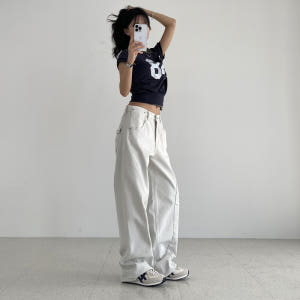 커브드팬츠 여성 봄 가을 벌룬핏 면 코튼 통바지 화이트 베이지 네이비 리... 착용 후기 | 사이즈/핏 총정리 - 상품 이미지 4