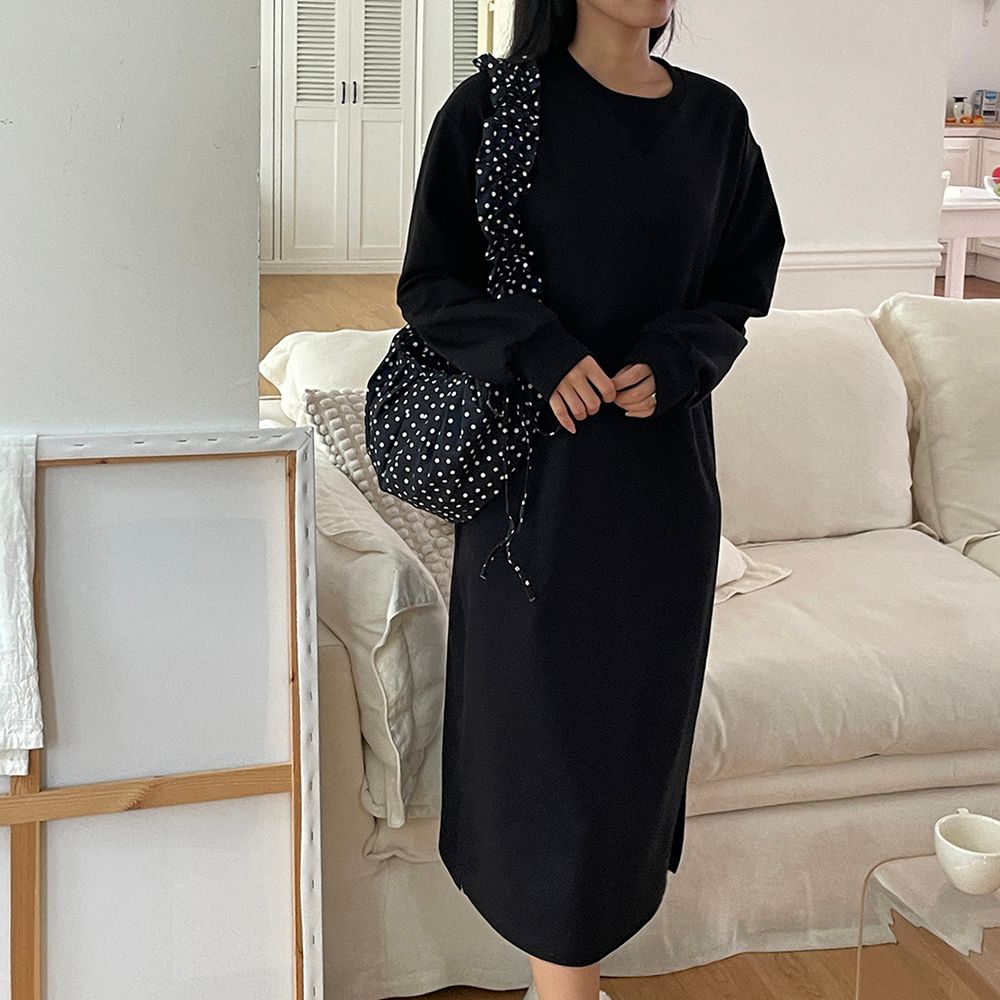 기모 캐주얼 면 라운드 루즈핏 맨투맨 긴팔 롱 원피스 가을 빅사이즈 원피스 여성 H라인 데일리룩 - 상세 이미지 3