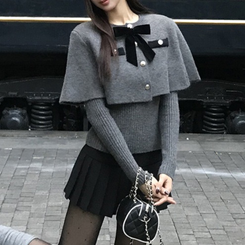 브이넥니트 숄케이프 세트 슬림핏 투피스 레이어드 공주풍 리본달린 디자인 가을겨울 다크그레이 - 상품 이미지