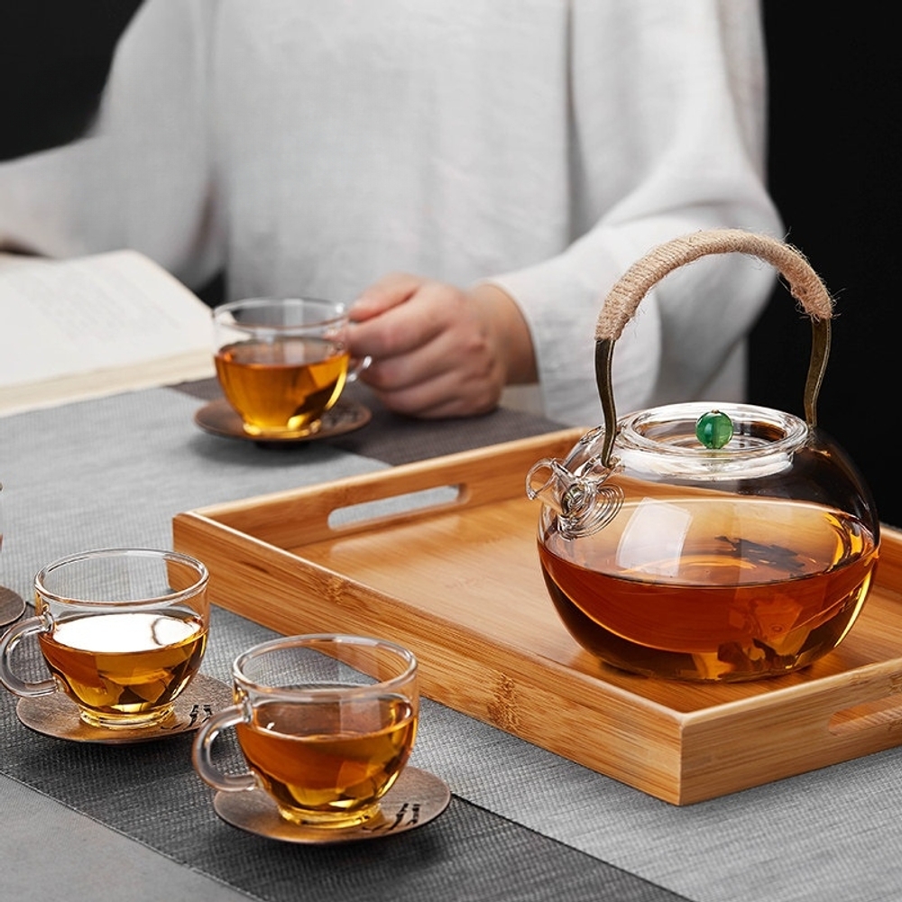 모던 티 워머 내열 투명 유리 황마끈 손잡이 차 주전자 1000ml 티포트+찻잔2+트레이 - 상세 이미지 5