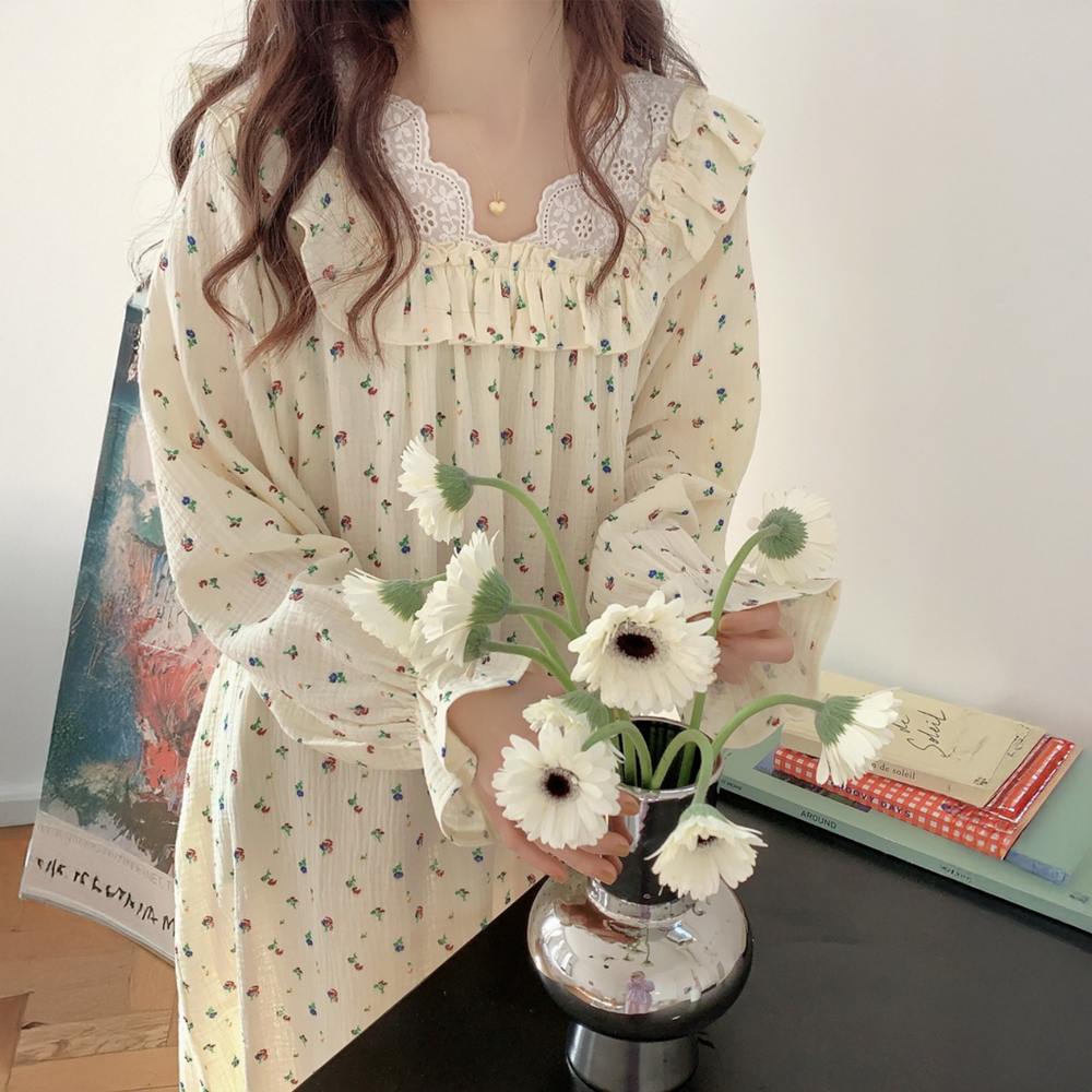 요루면 긴팔 원피스 잠옷 플라워 롱 파자마 - 상품 이미지