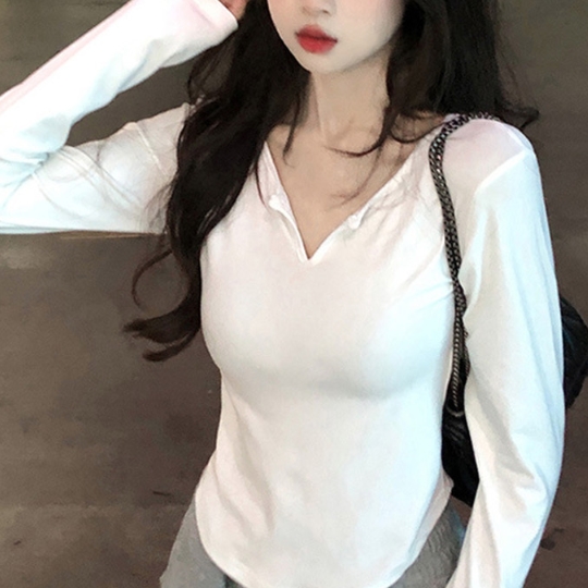 여성 티셔츠 긴팔 겨울 여름 크롭 기본 무지 V넥 캐쥬얼 여자 가을 봄 20대 슬림핏 - 상품 이미지