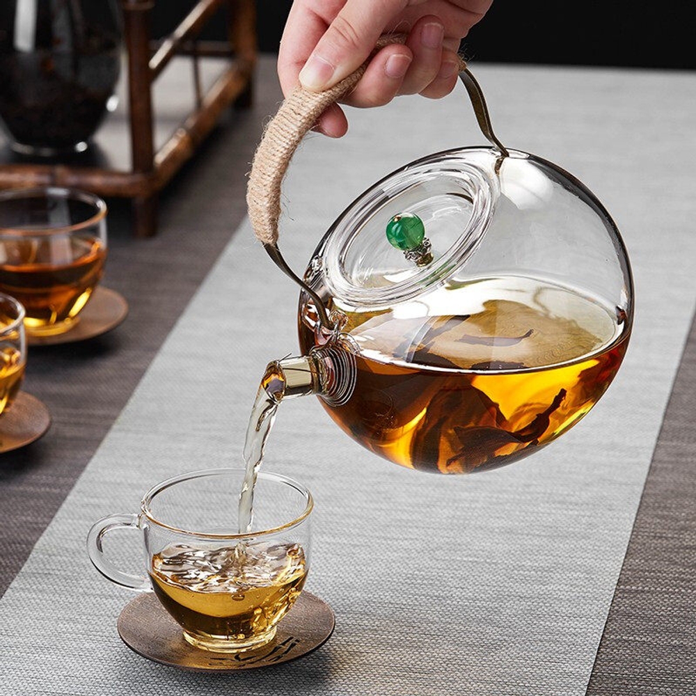 모던 티 워머 내열 투명 유리 황마끈 손잡이 차 주전자 1000ml 티포트+찻잔2+트레이 - 상세 이미지 2