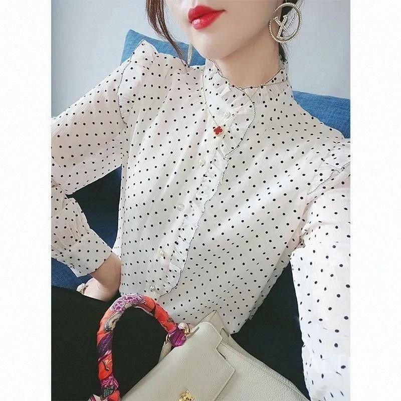 땡땡이블라우스 오피스룩 결혼식 레이스 도트 쉬폰 봄가을 화이트 물방울 무늬 M 40-50kg - 상세 이미지 3