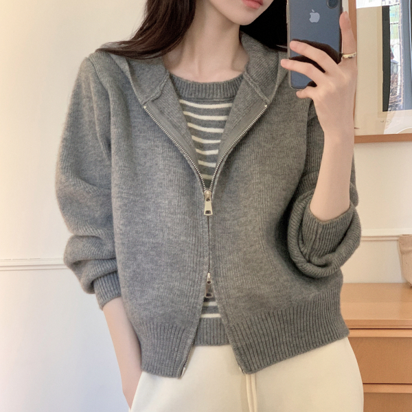 (레이어드인듯일체형니트소재) 스트라이프 레이어드 투웨이 후드 니트 집업 cd3585 제품 이미지