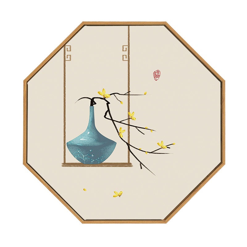 동양화 액자 팔각 원목 프레임 연꽃 전통 감성 벽걸이 그림 거실 L 60x60 밝은 금색 - 상품 이미지