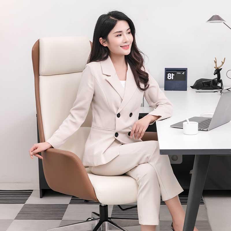 임원 의자 사장님 중역 사무용 응접실 CEO 체어 대표 브라운+다크커피 캣클로가죽 고정형 팔걸이 강철 받침대 - 상세 이미지 3