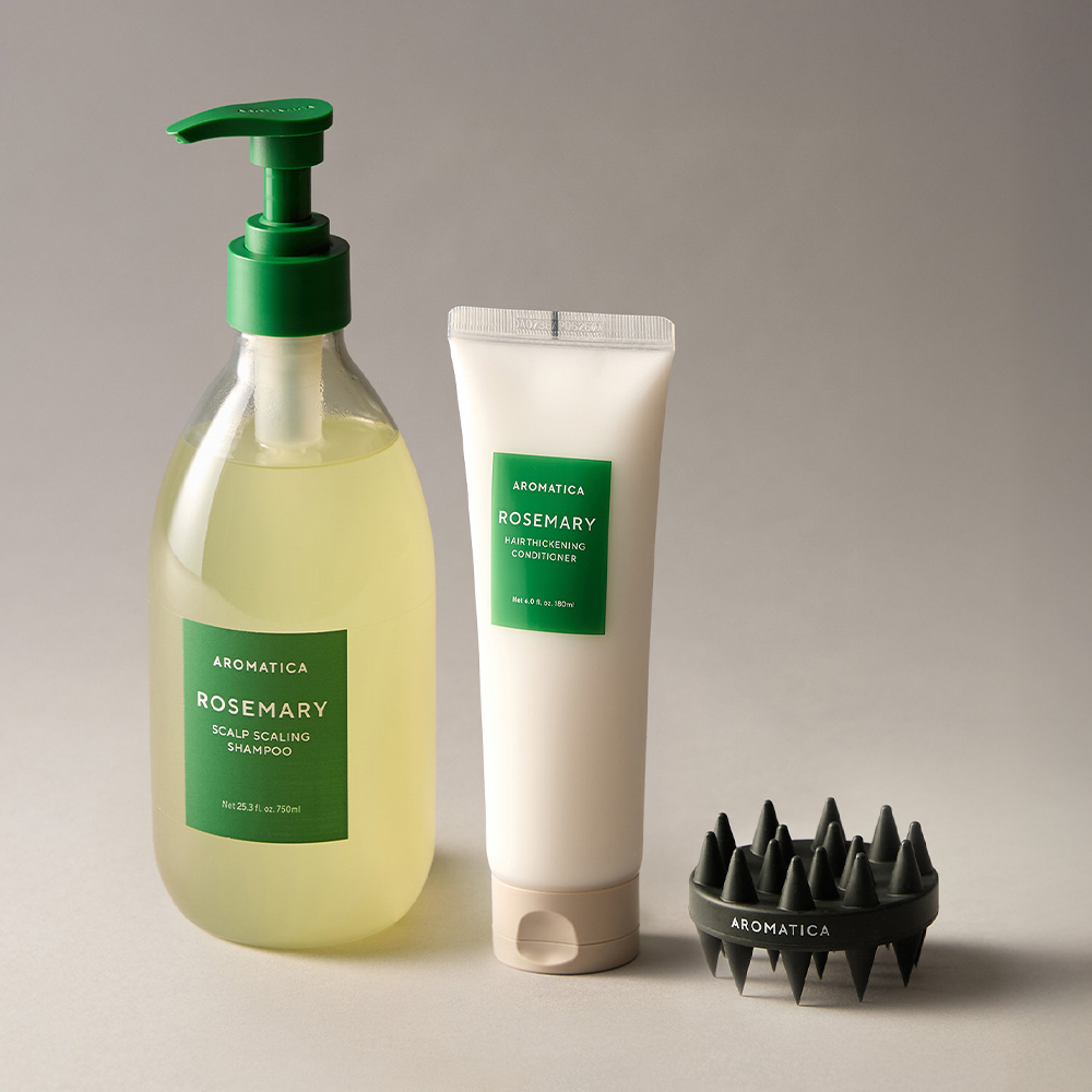 아로마티카 로즈마리 샴푸 750ML & 컨디셔너 180ML & 샴푸 브러쉬 두피 스케일링 3종 세트 - 상품 이미지