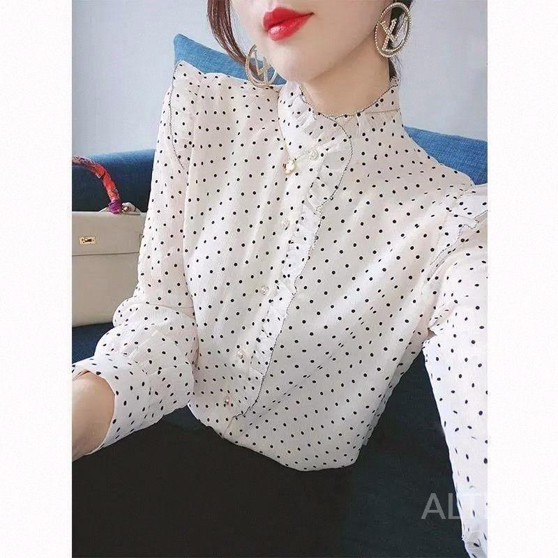 땡땡이블라우스 오피스룩 결혼식 레이스 도트 쉬폰 봄가을 화이트 물방울 무늬 M 40-50kg - 상품 이미지