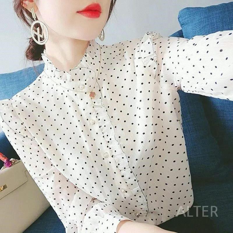 땡땡이블라우스 오피스룩 결혼식 레이스 도트 쉬폰 봄가을 화이트 물방울 무늬 M 40-50kg - 상세 이미지 4