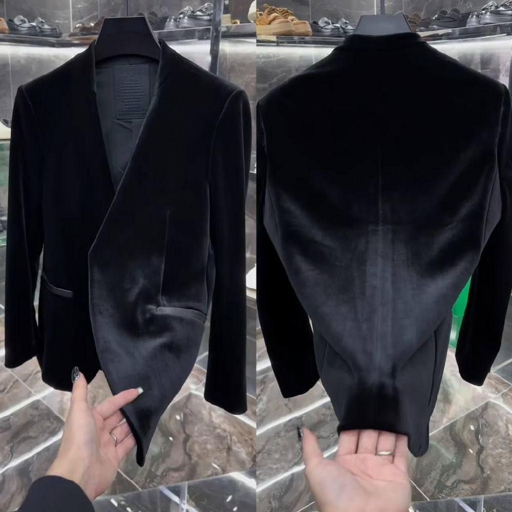 블레이저 남자벨벳자켓 비즈니스 스웨이드 검정색 복고풍 블랙 M (45-55kg) - 상세 이미지 3