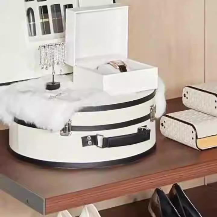 모자 보관함 정리 케이스 수납함 보관 상자 원형 가방 오프화이트+블랙스트랩소형골드잠금 - 상세 이미지 3