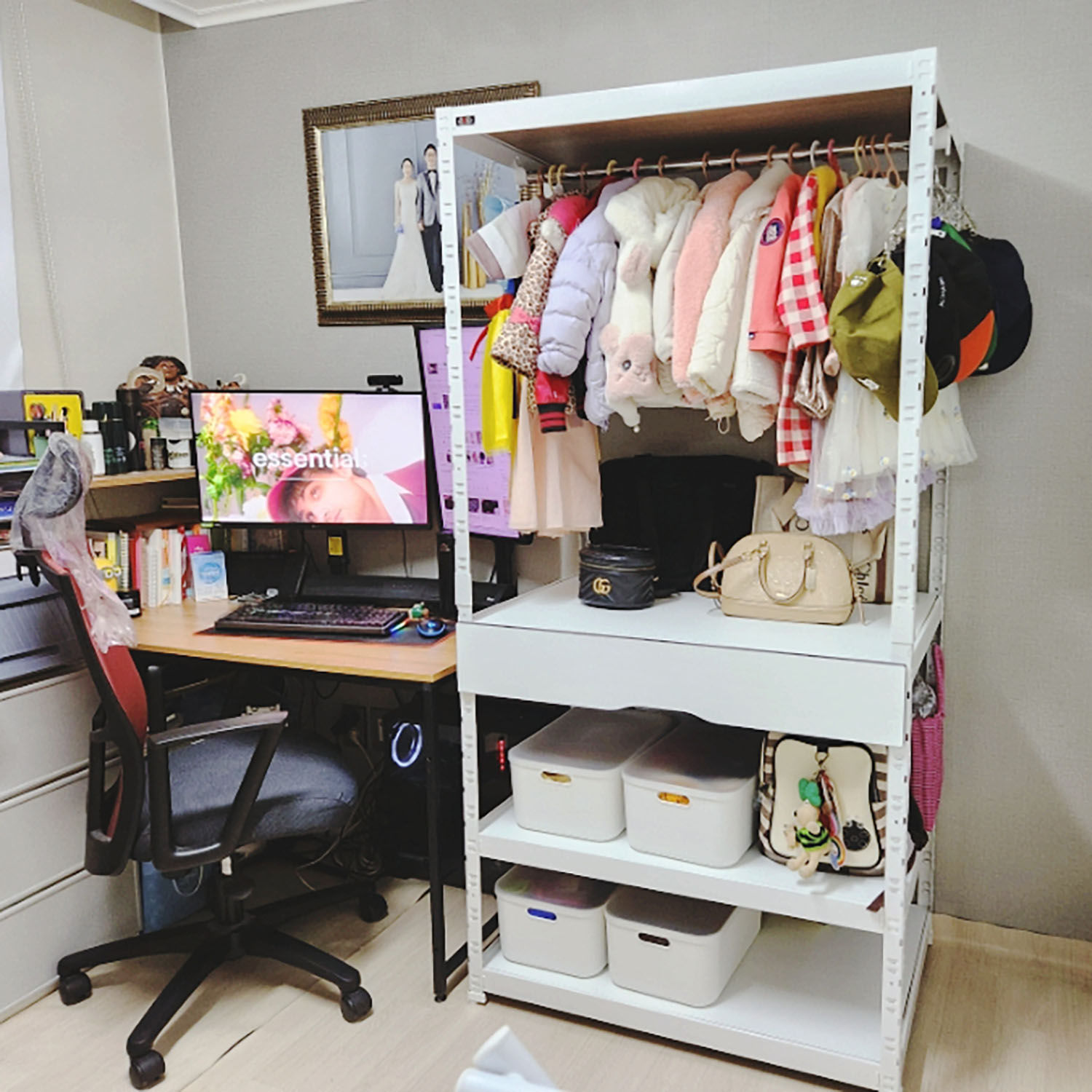 랙셈블 시스템행거 옷걸이 조립식 드레스룸 철제 옷장 스탠드 선반 700400900 3단 1행거봉