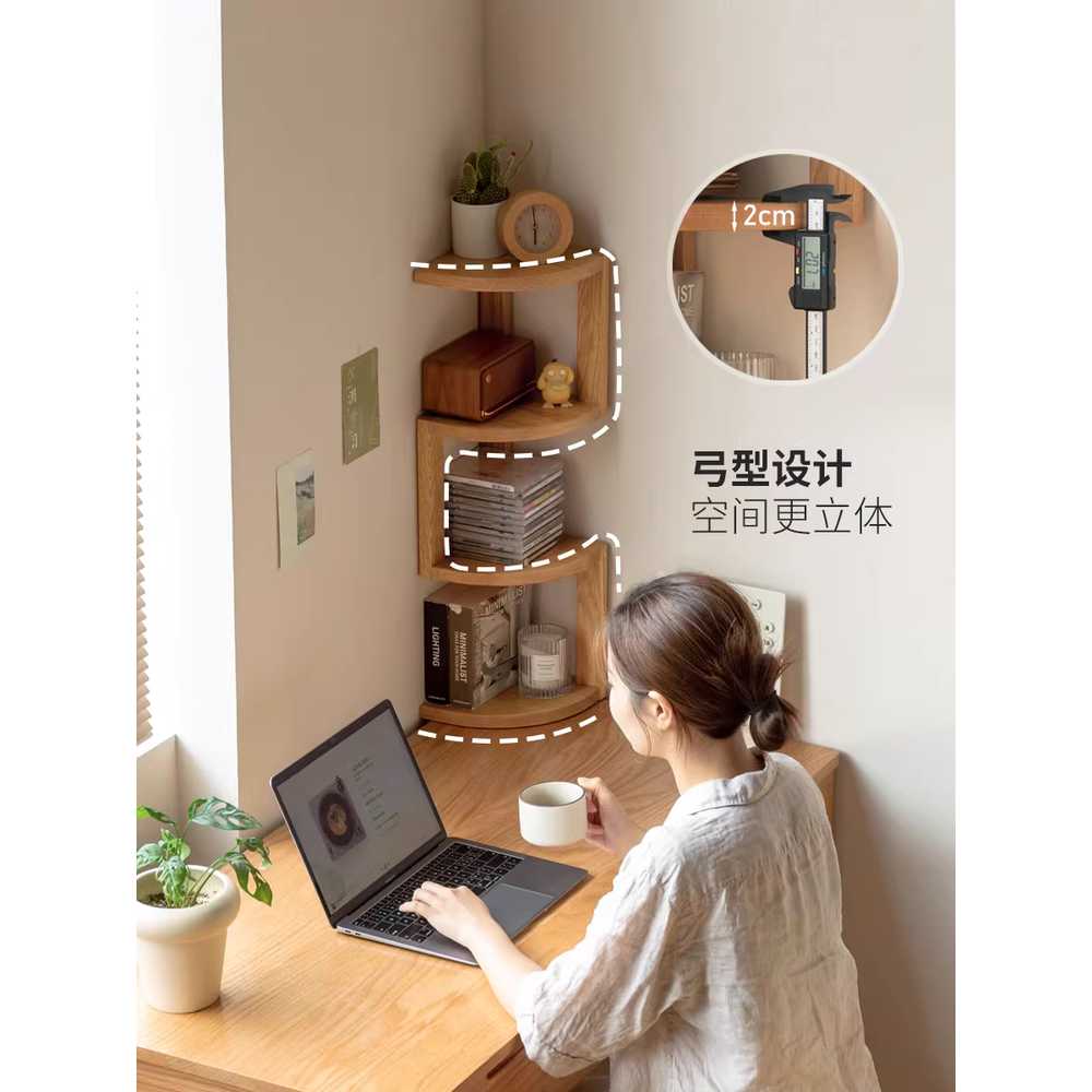 코너 진열대 원목 수납장 벽 선반 삼각 정리 모서리 240x240x680mm 원목색 코너 책장 - 상세 이미지 3