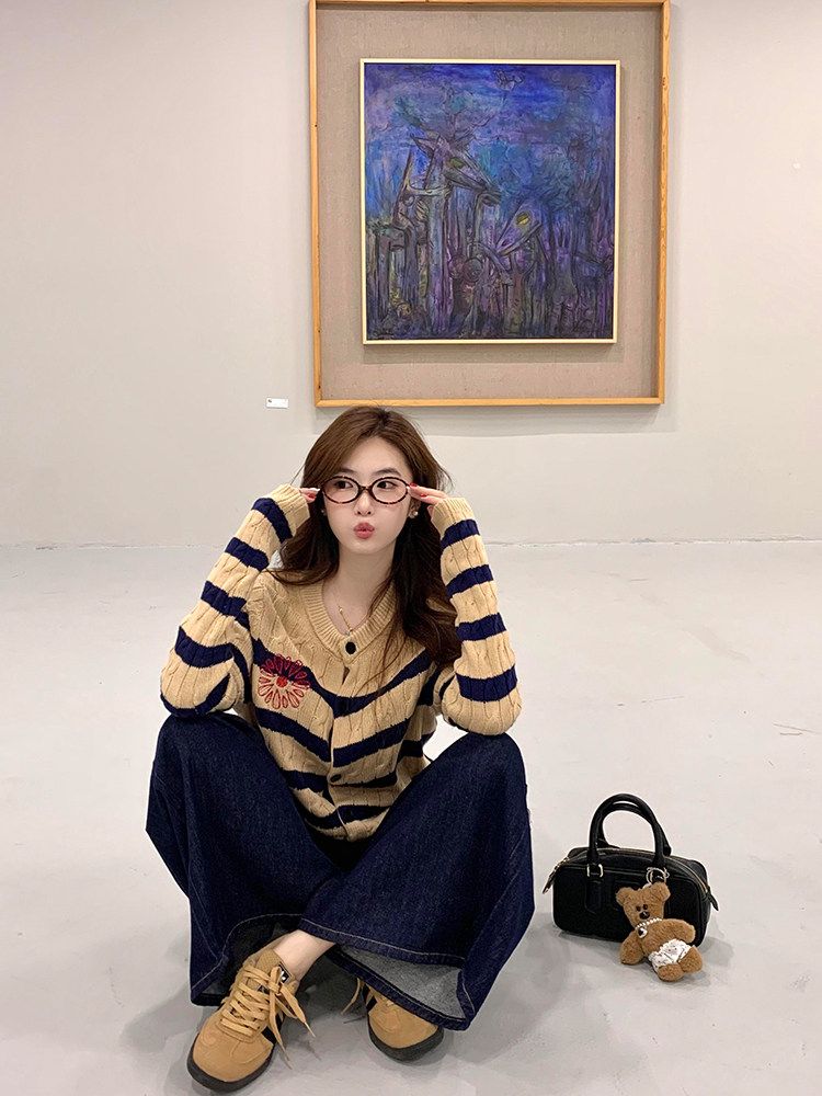 니트 가디건 여친룩 스웨터 가을 케이블 코위찬 라운드넥 모래 살구 S - 상세 이미지 3