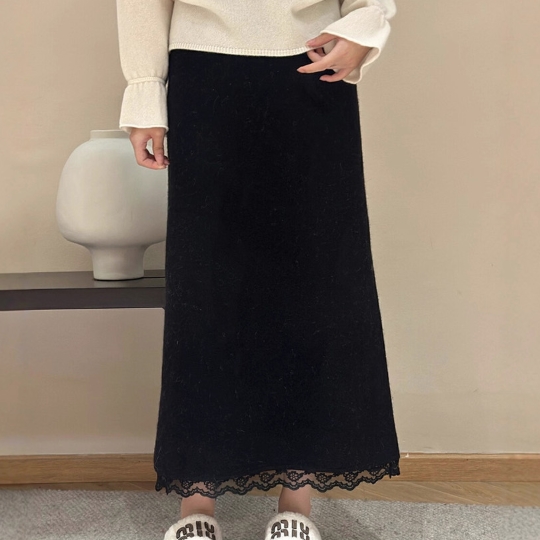 롱 스커트 치마 여성 긴 예쁜 여자 간절기 봄 여름 가을 캐쥬얼 무지 레이스 데일리 - 상품 이미지