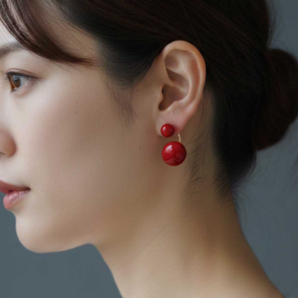 스노우 눈사람 더블 투웨이 진주 귀걸이 레드 - 상품 이미지