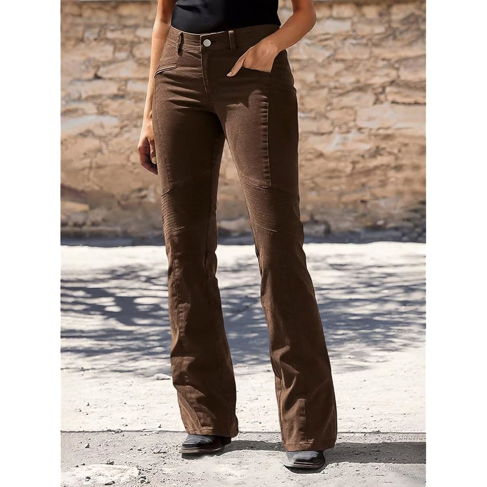 Bootcut 여성용 주머니가 있는 미드 웨이스트 단색 솔기 프론트 팬츠, 브라운., Brown Small - 상세 이미지 3
