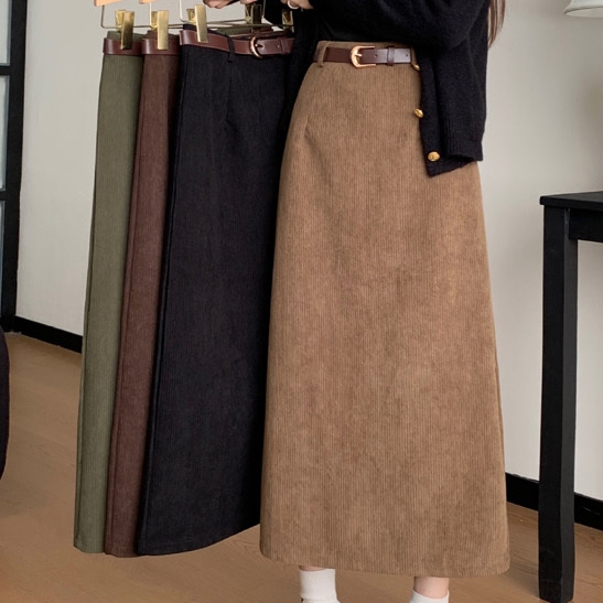 롱 스커트 치마 여성 데일리 겨울 데이트 봄 여름 가을 캐쥬얼 긴 코듀로이 A라인 골덴 - 상품 이미지