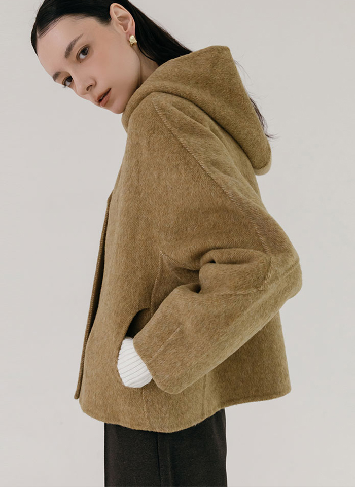 핸드메이드 울 빅 후드 하이넥 숏 자켓