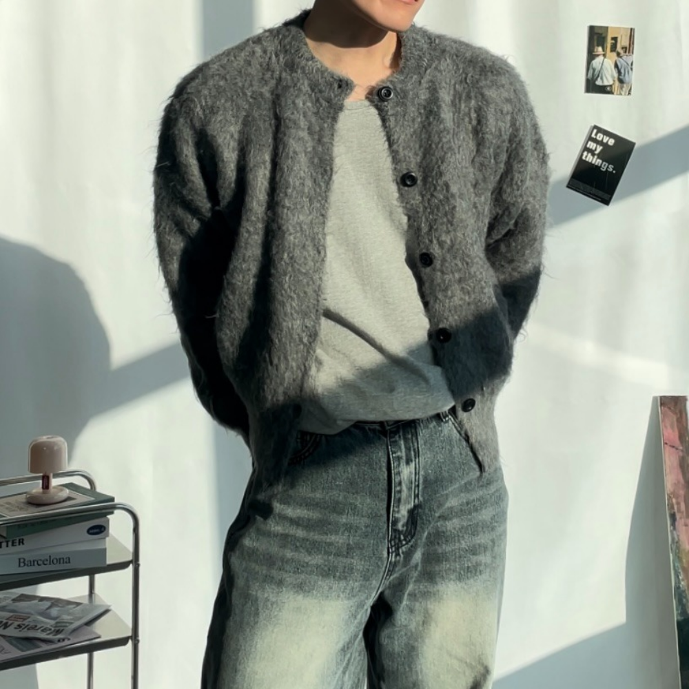 남자앙고라가디건 크롭 라운드넥 모헤어 가디건 이미지 6