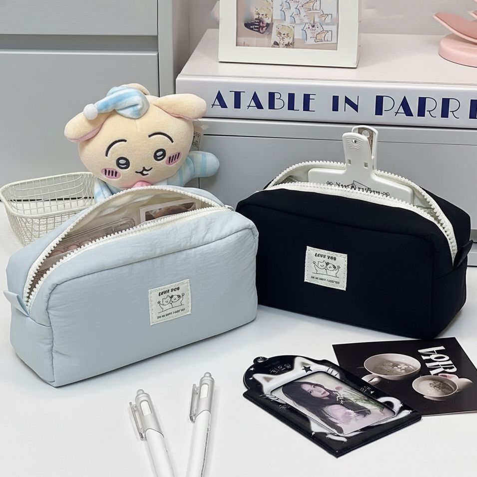 심플 대용량 필통 튼튼한 다용도 파우치 필기구 넓은 수납 펜케이스 가벼운 봉제 천필통 문구 - 상품 이미지
