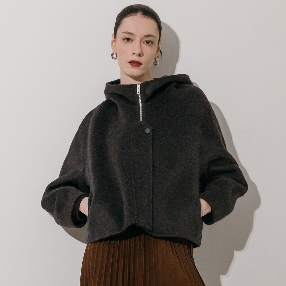 핸드메이드 울 빅 후드 하이넥 숏 자켓