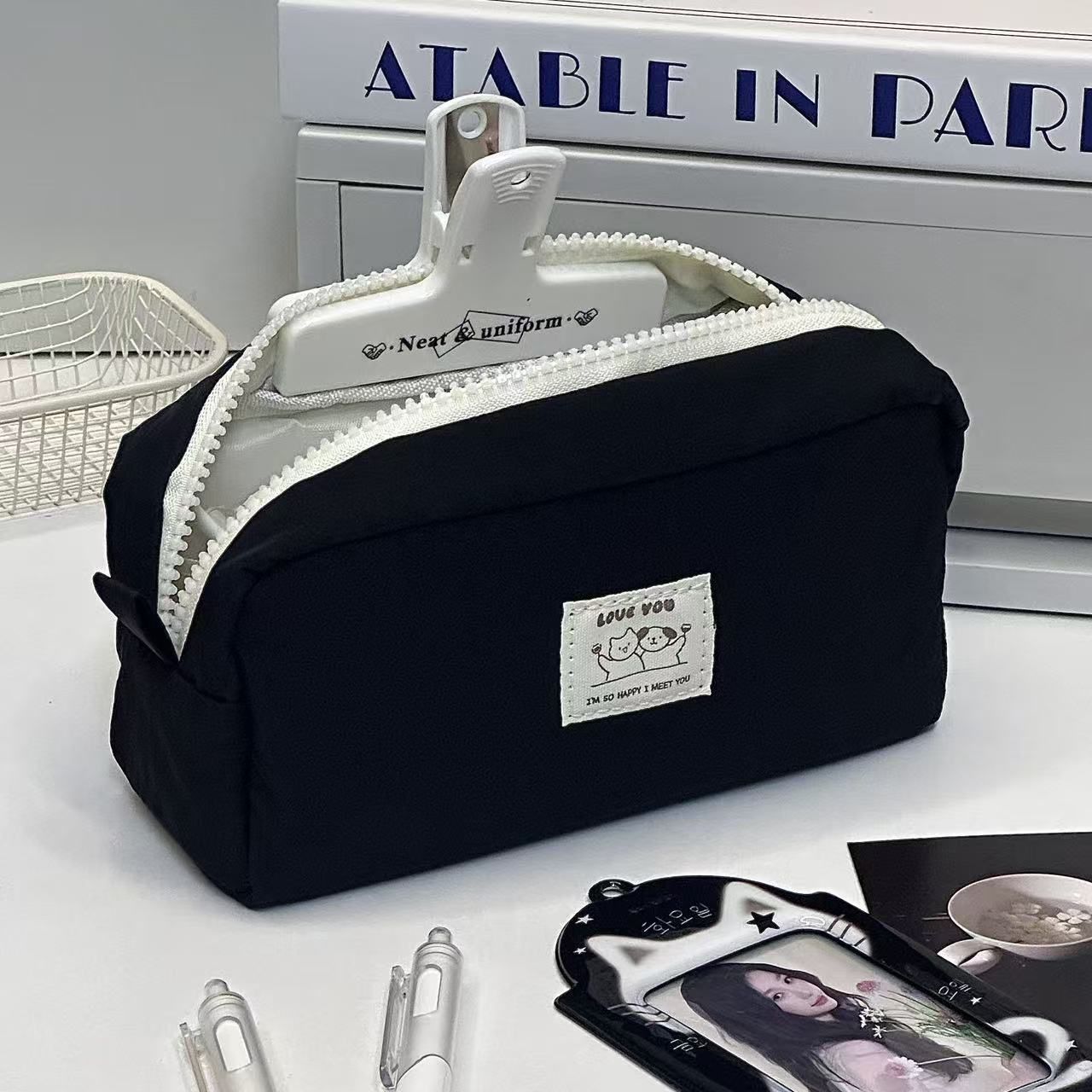 심플 대용량 필통 튼튼한 다용도 파우치 필기구 넓은 수납 펜케이스 가벼운 봉제 천필통 문구 - 상세 이미지 3