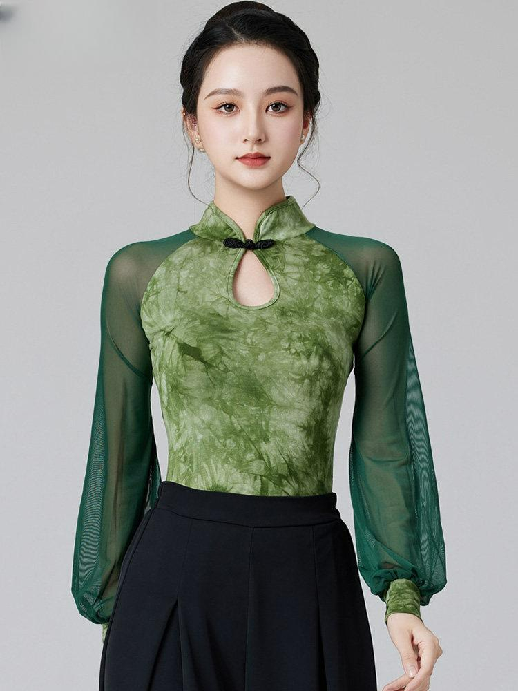 여성 댄스상의 댄스티 긴팔 무대 의상 줌바 라틴 상의 타이다이 그린 m - 상품 이미지