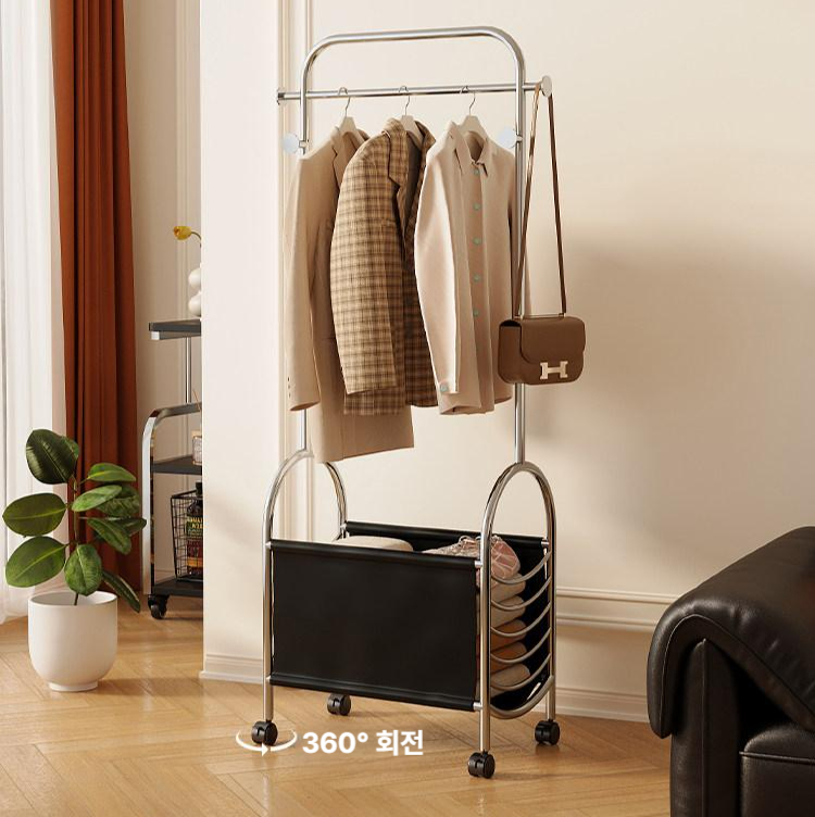 옷걸이 스탠딩 스테인레스 수납 가죽트롤리 미드센츄리모던 실버 블랙 60cm - 상품 이미지
