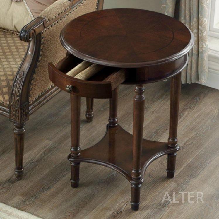 원형 사이드테이블 2단 엔틱 서랍 협탁 탁자 티테이블 미니 체리우드 - 상세 이미지 2