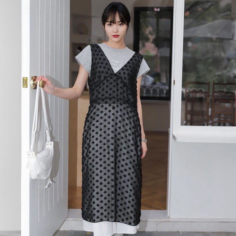 나시 민소매 레이스 미디 원피스 데일리룩 레이어드시스루원피스 - 상품 이미지
