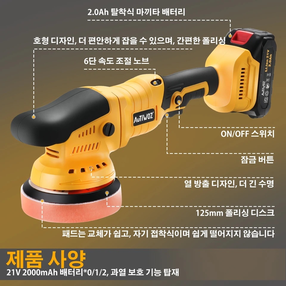 무선 광택기 자동차 폴리싱 차량 폴리셔 왁싱 125mm 6단 조절 배터리 없음 - 상세 이미지 5