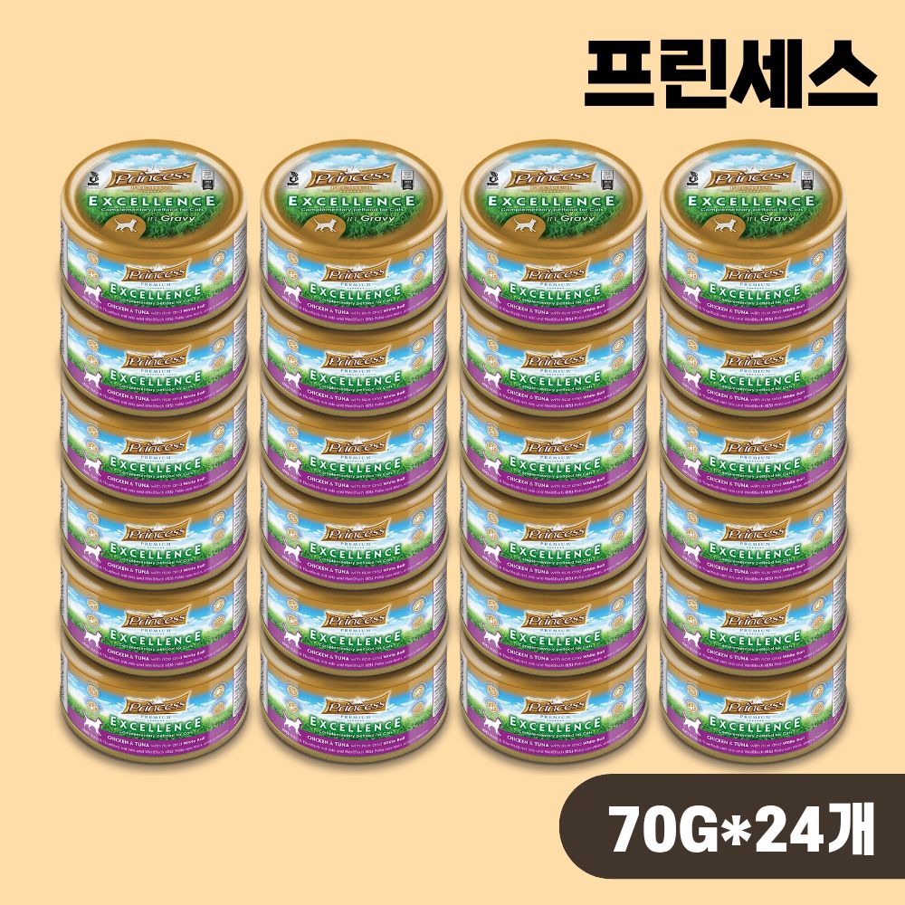 [+N포인트] 프린세스 캔 고양이 주식 습식캔 치킨튜나 흰살생선, 70g, 24개 - 상품 이미지