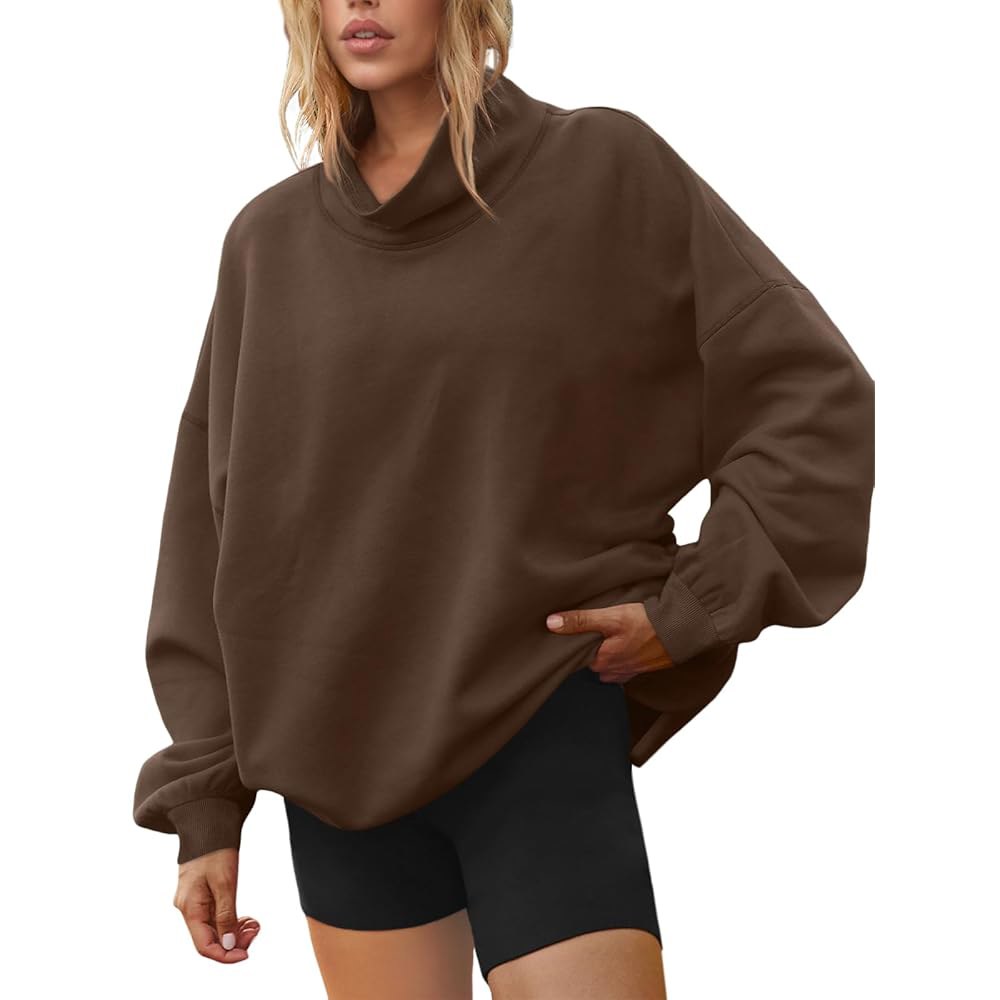 LILLUSORY 모크넥 스웨트셔츠 여성용 오버사이즈 풀오버 터틀넥 긴소매 상의 트렌디 가을 패션 2025, 초콜릿 브라운, 미디엄 Black Small - 상품 이미지