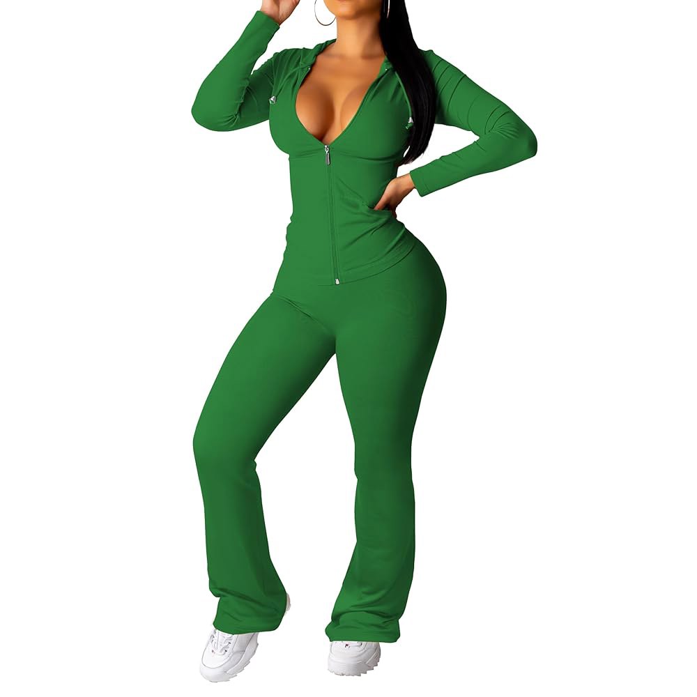 PINSV Women 2 Piece Outfits Workout Bodycon Tracksuit Long Sleeve Zip Up Hoodie Jacket Matching Flar - 상품 이미지