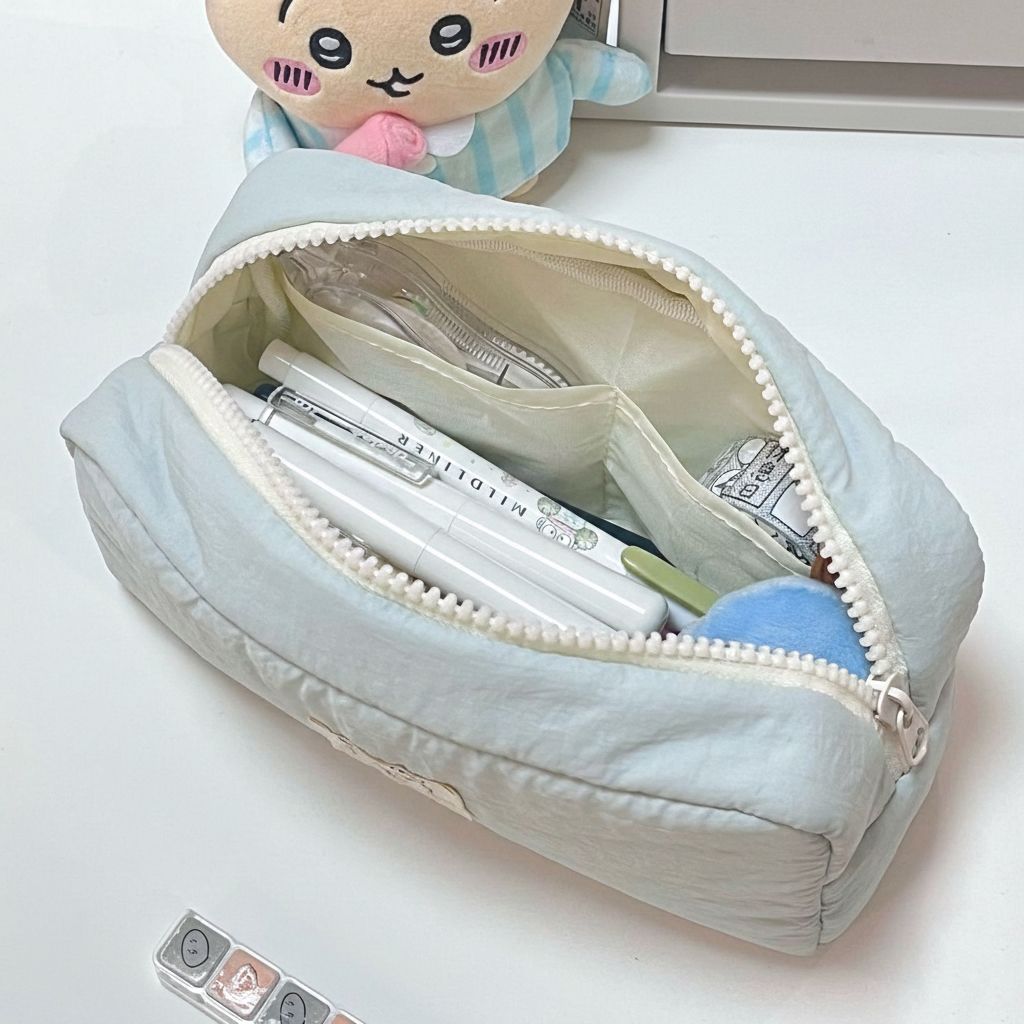 심플 대용량 필통 튼튼한 다용도 파우치 필기구 넓은 수납 펜케이스 가벼운 봉제 천필통 문구 - 상세 이미지 4