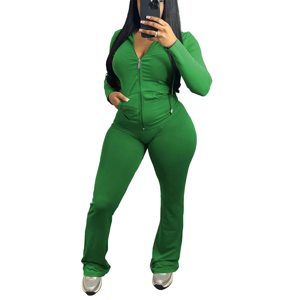 PINSV Women 2 Piece Outfits Workout Bodycon Tracksuit Long Sleeve Zip Up Hoodie Jacket Matching Flar - 상세 이미지 2
