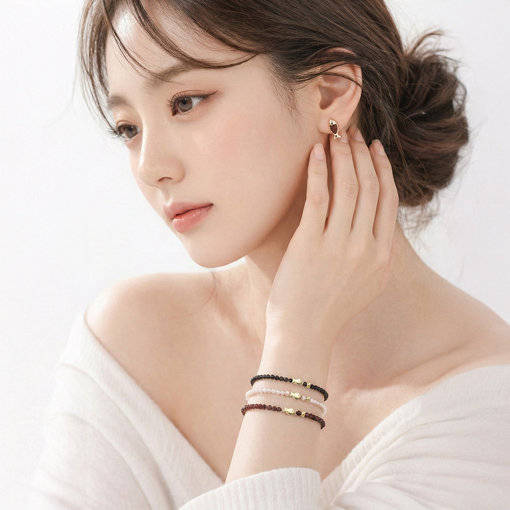 천연석 가넷 블랙 스피넬 진주 행운 물고기 데일리 선물 팔찌 이미지 7