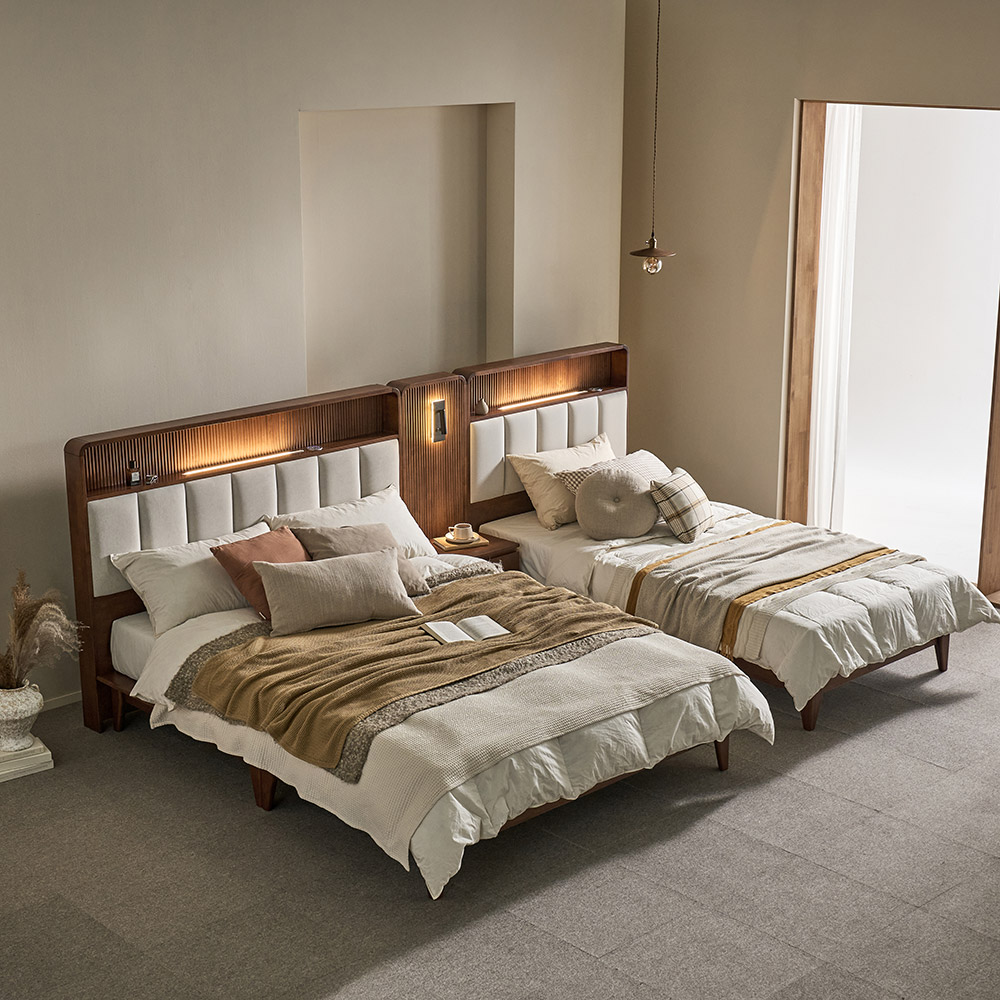 쏠앤까사 스텔라 고무나무 원목 평상형 조명 호텔형 침대프레임 SS Q·K LK