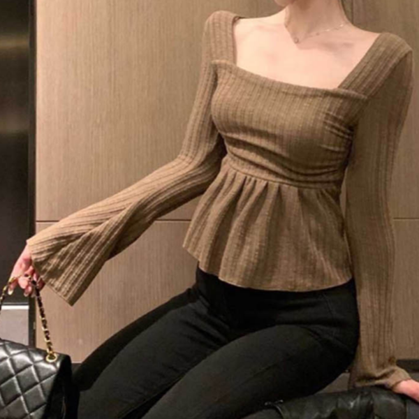 볼륨 여성 스퀘어넥 티셔츠 골지 여성 긴 팔 티셔츠 데일리 - 상품 이미지