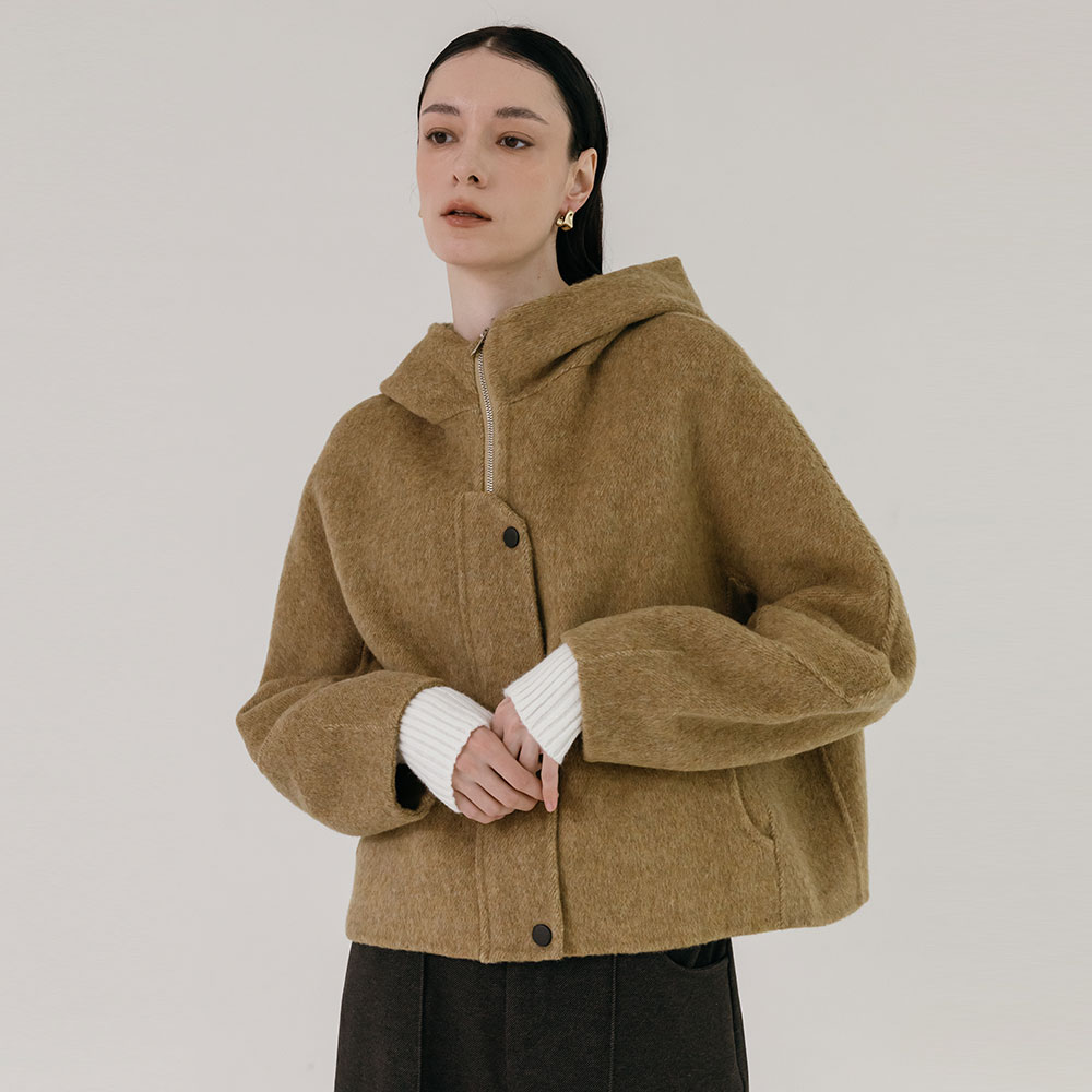 핸드메이드 울 빅 후드 하이넥 숏 자켓