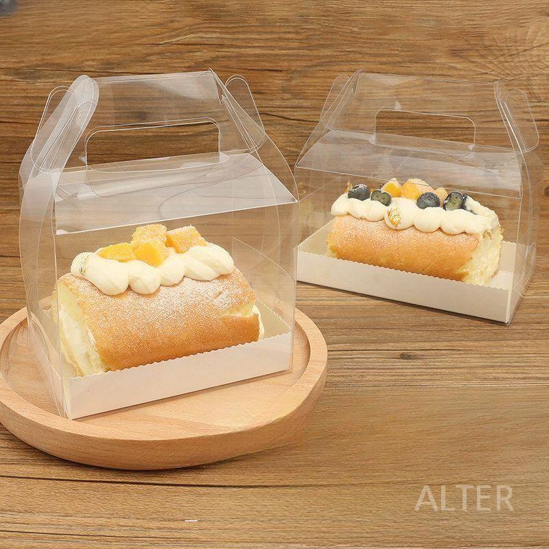 투명 롤케익 포장 휴대용 상자 케이스 손잡이 파운드박스 핸들 M 100pcs - 상품 이미지