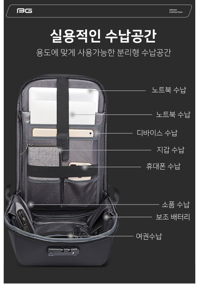 벤지 EVA 하드쉘 잠금장치 USB충전 비즈니스 노트북 백팩 남성 방수 15인치 캐리어결합 - 상세 이미지 2