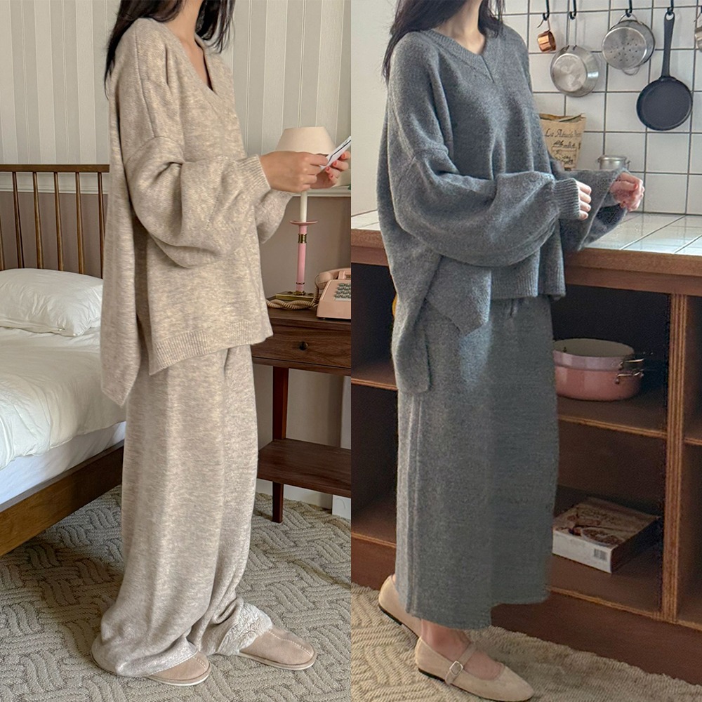 고퀄 루즈핏 브이넥 니트 투피스 롱스커트 와이드팬츠 세트 - 상품 이미지