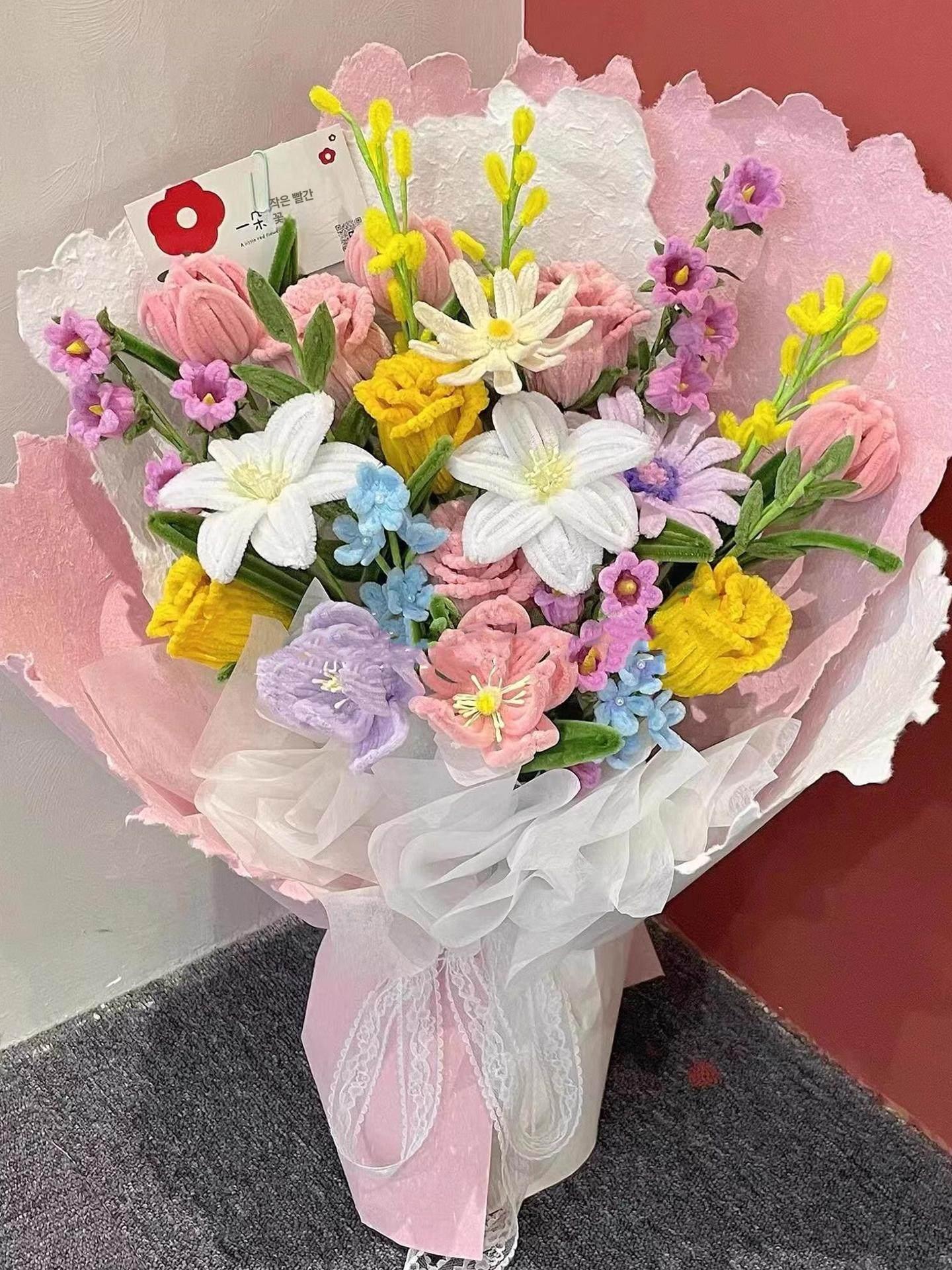 꽃다발 키트 부케 만들기 성인용 취미 시들지 않는 꽃 핑크 로즈와 백합 혼합 꽃다발 패키지 - 상세 이미지 3