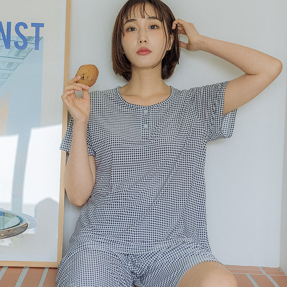 [라스트드롭] 여성잠옷 체크 반팔 라운드 잠옷 홈웨어 파자마 세트 - 상품 이미지