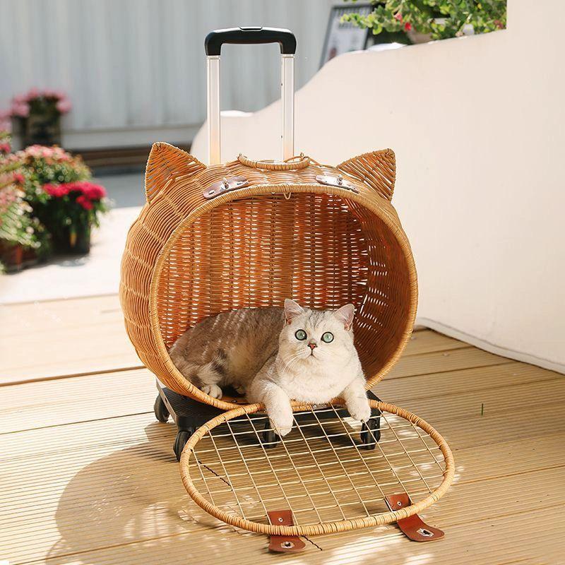 고양이 카트 캐리어 여행 가방 선물하기좋은 고양이모양 라탄 고양이 머리 트롤리 케이스 - 상품 이미지