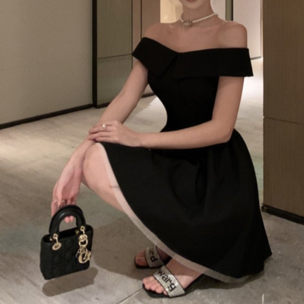 블랙 미니드레스 셀프웨딩 오프숄더 튤망드레이프 허리핏 풍성플레어 스커트 스냅촬영 - 상세 이미지 5
