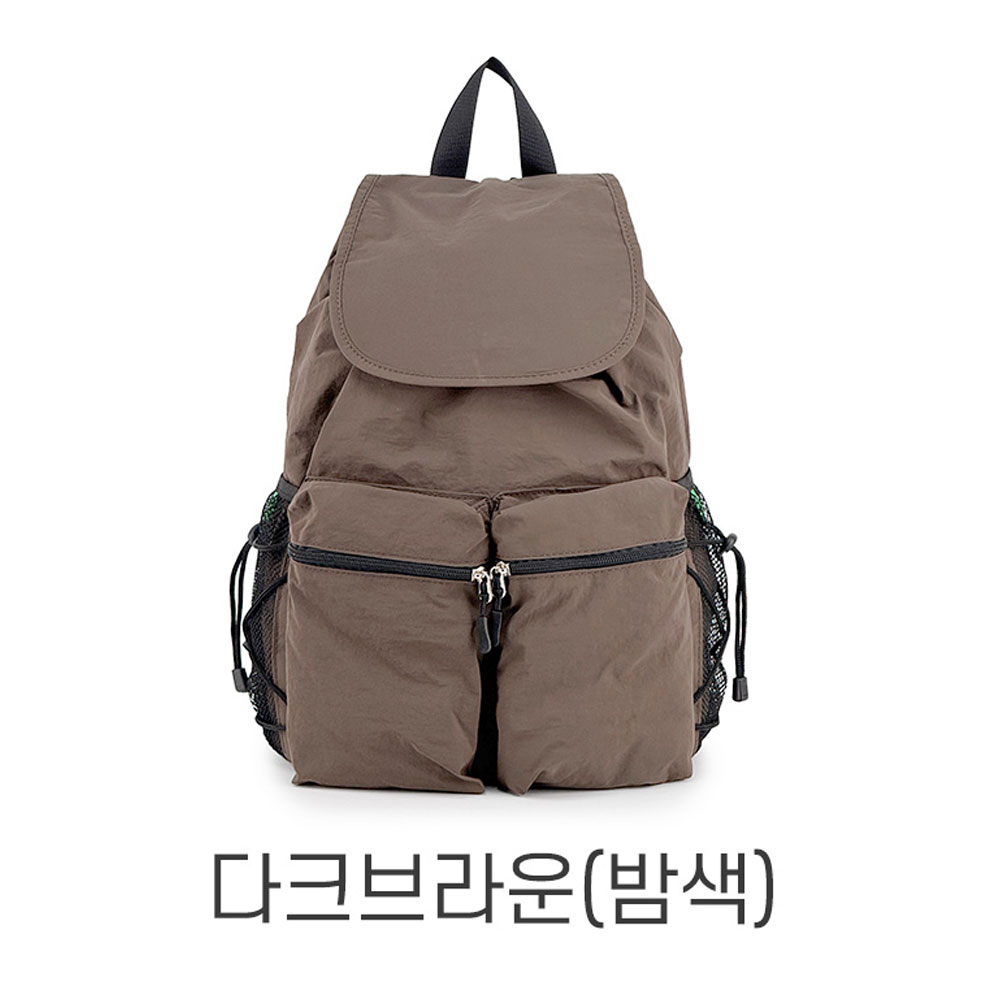 여성 경량 폴리 데일리 미디엄 플랩 백팩 캐주얼 배낭 투포켓 스트링 조리형 백팩 - 상세 이미지 2